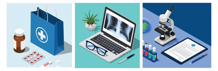 Vector art of isometric illustration of medical supplies, including a bag, medicine, tablets, syringe, laptop with xray, microscope, test tubes, and a report