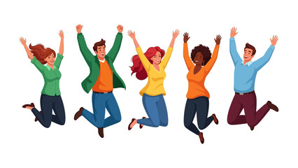 Joyful Leaping: A vibrant illustration of diverse individuals in a state of joyous leaping, arms raised, capturing a moment of uninhibited happiness.