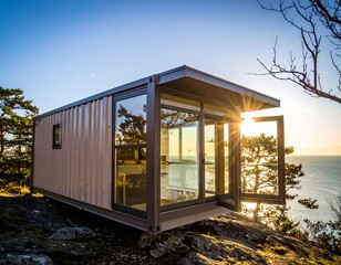 Modern shipping container cabin overlooking ocean