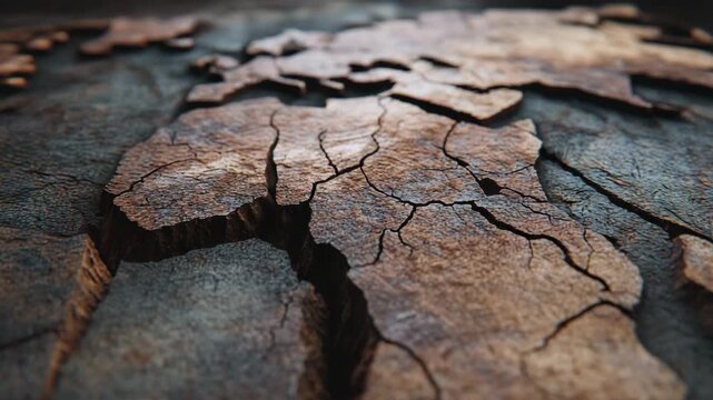 A map of Africa is shown with a lot of cracks and holes. The map is made of wood. Macro closeup of cracked dry metal world map, geopolitical scarcity, muted brown grey industrial dramatic style