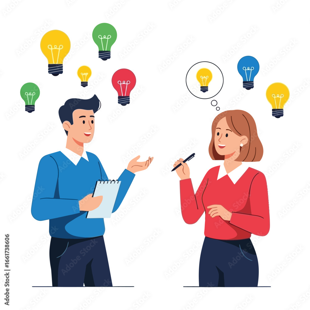 Poster brainstorming creativity: a visual representation of two individuals, collaborating with thought bub