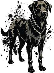 Black Labrador Dog with Chain Necklace and Ink Splatter on White Background canine animal