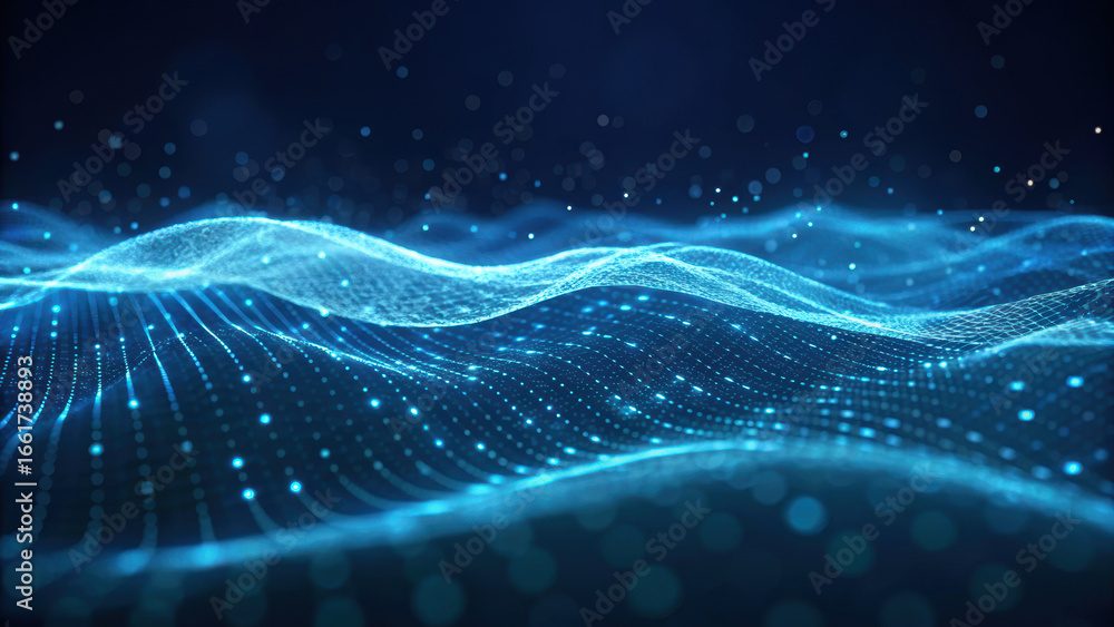 Poster abstract glowing blue digital wave with floating particles creates futuristic and dynamic visual eff