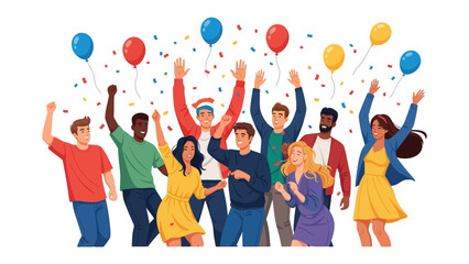 Celebration of Togetherness: Illustration of joyous individuals reveling in a festive atmosphere, their vibrant energy accentuated by a cascade of confetti and floating balloons.