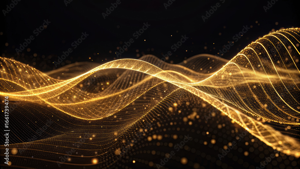 Poster golden glowing particle waves flow smoothly against dark background, creating mesmerizing and dynami
