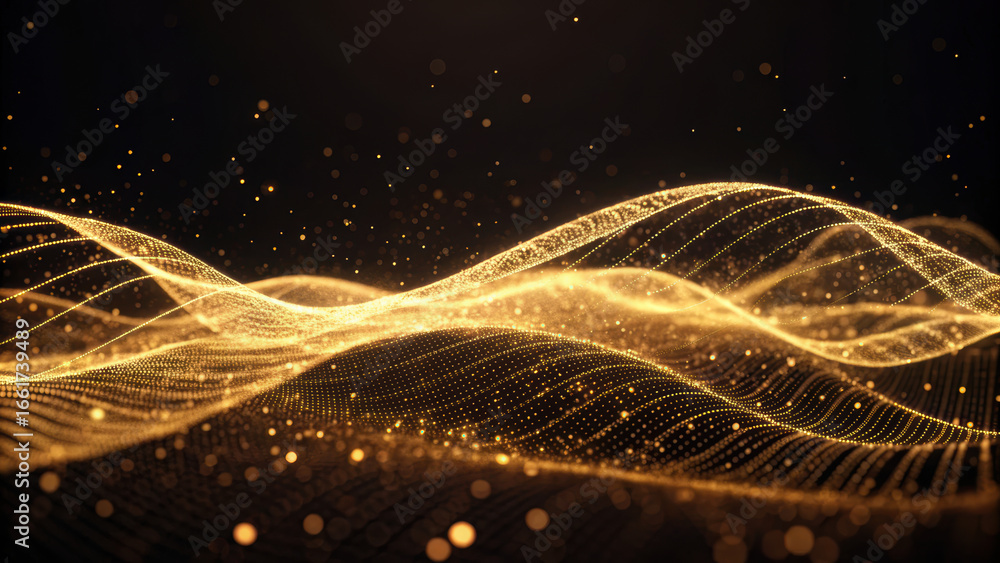 Poster golden glowing particle waves flow smoothly against dark background, creating mesmerizing and dynami