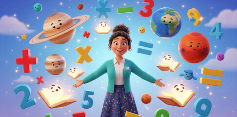 Animated female teacher surrounded by planets, books, and math symbols, inspiring curiosity in space and science education. Creative illustration of learning, discovery, and imagination.