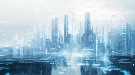 Futuristic city skyline with digital overlay (2)