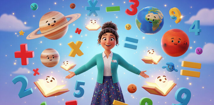 Animated female teacher surrounded by planets, books, and math symbols, inspiring curiosity in space and science education. Creative illustration of learning, discovery, and imagination.