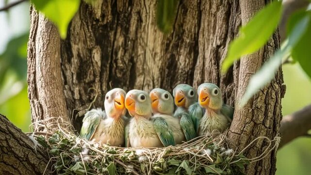 A colorful adult parrot feeding its baby bird in a tree