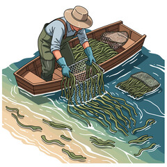 Vector illustration of a seaweed harvester collecting algae from the ocean on a boat. Ocean farming and coastal aquaculture concept © InArch Design Studio