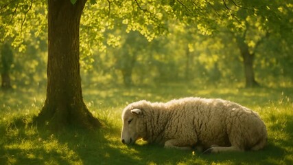 Serene video scene of a sheep resting under a tree in a sunlit meadow. Captured from a low angle, highlighting tranquility and nature's beauty. Live desktop wallpaper.