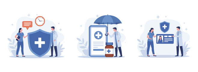 Vector art of health insurance concept doctor and patient discussing medical coverage, protection with shield, umbrella, and id card for healthcare services