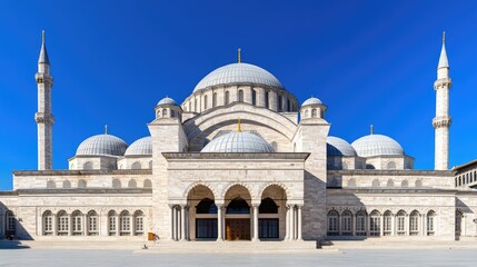 Fototapeta premium A stunning Ottoman mosque complex features a blue dome, white walls, and tall minarets, set against a clear sky and surrounded by lush greenery