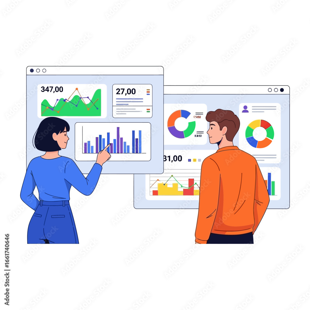 Poster data visualization: two individuals analyze digital data charts, showcasing the interplay of informa