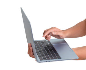 Side view of hands using modern laptop isolated on transparent PNG. Concept for technology, business, finance and advertising.