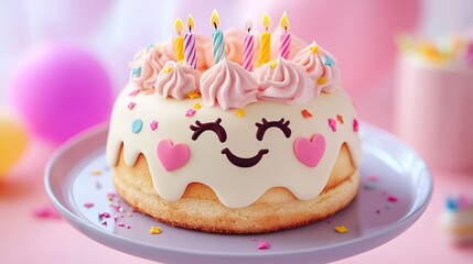 A cheerful birthday cake adorned with candles, smiling face, and colorful decorations, set against a soft pink background.