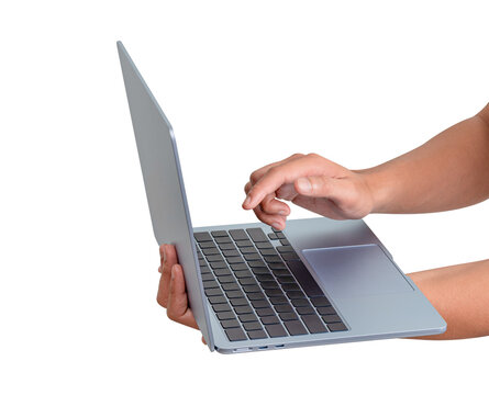 Side view of hands using modern laptop isolated on transparent PNG. Concept for technology, business, finance and advertising.