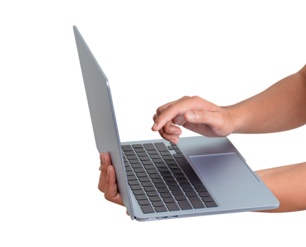 Side view of hands using modern laptop isolated on transparent PNG. Concept for technology, business, finance and advertising.