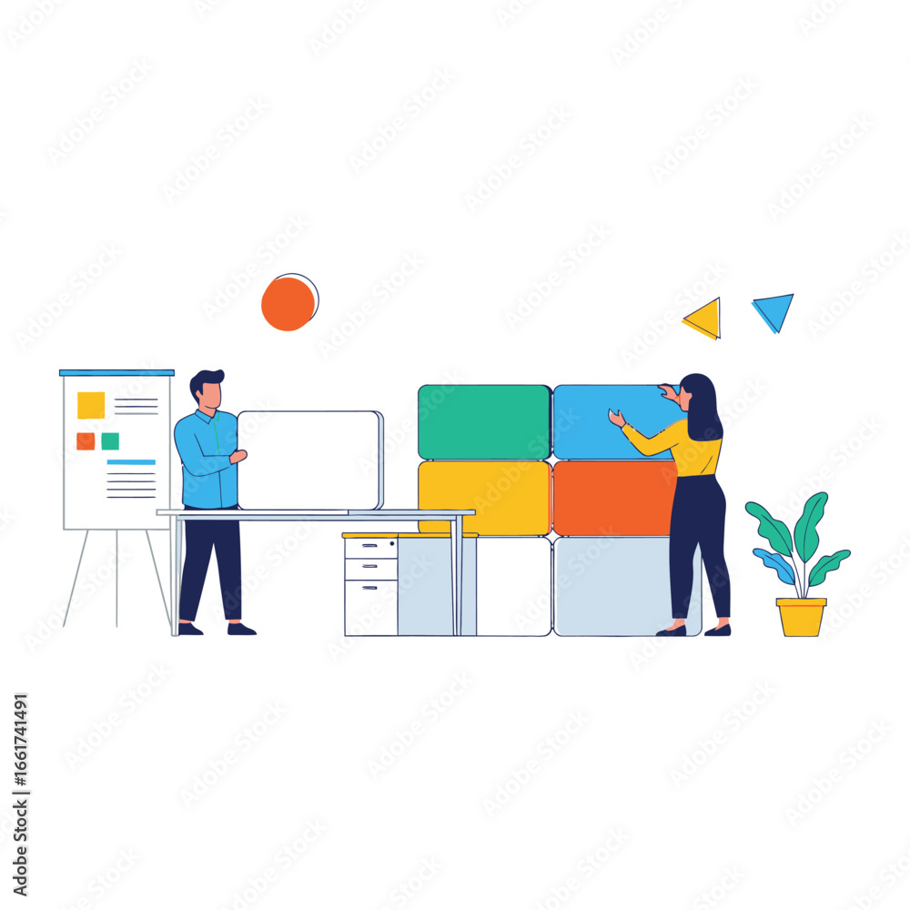 Poster workspace collaboration: an animated illustration of a productive office setting features two people