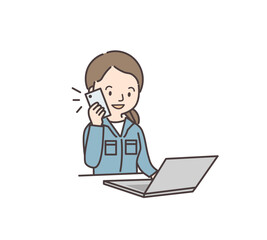 パソコンの前で電話をする女性作業員のイラスト