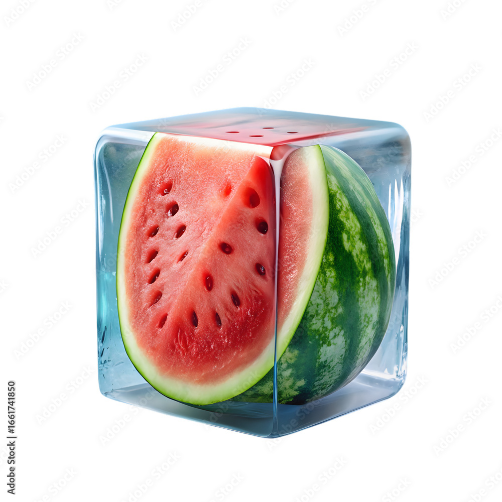 Aufkleber watermelon frozen in ice cube 3d rendering isolated on transparent background