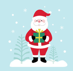 Christmas Santa Claus standing in snow flat vector illustration.
Santa Claus holding a gift box clipart design.
Good for greeting card, poster, banner, leaflet.