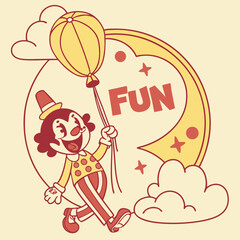 Retro Clown with Balloon Fun Cartoon Illustration