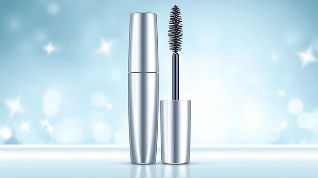 Sleek silver mascara tube with wand displayed against a shimmering blue background, showcasing beauty product elegance and allure in a captivating motion sequence