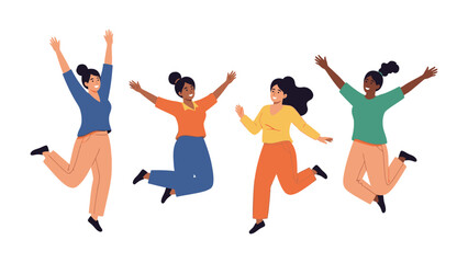 Joyful Leap: A vibrant illustration of diverse women celebrating with a joyous jump, capturing the spirit of fun and freedom. 
