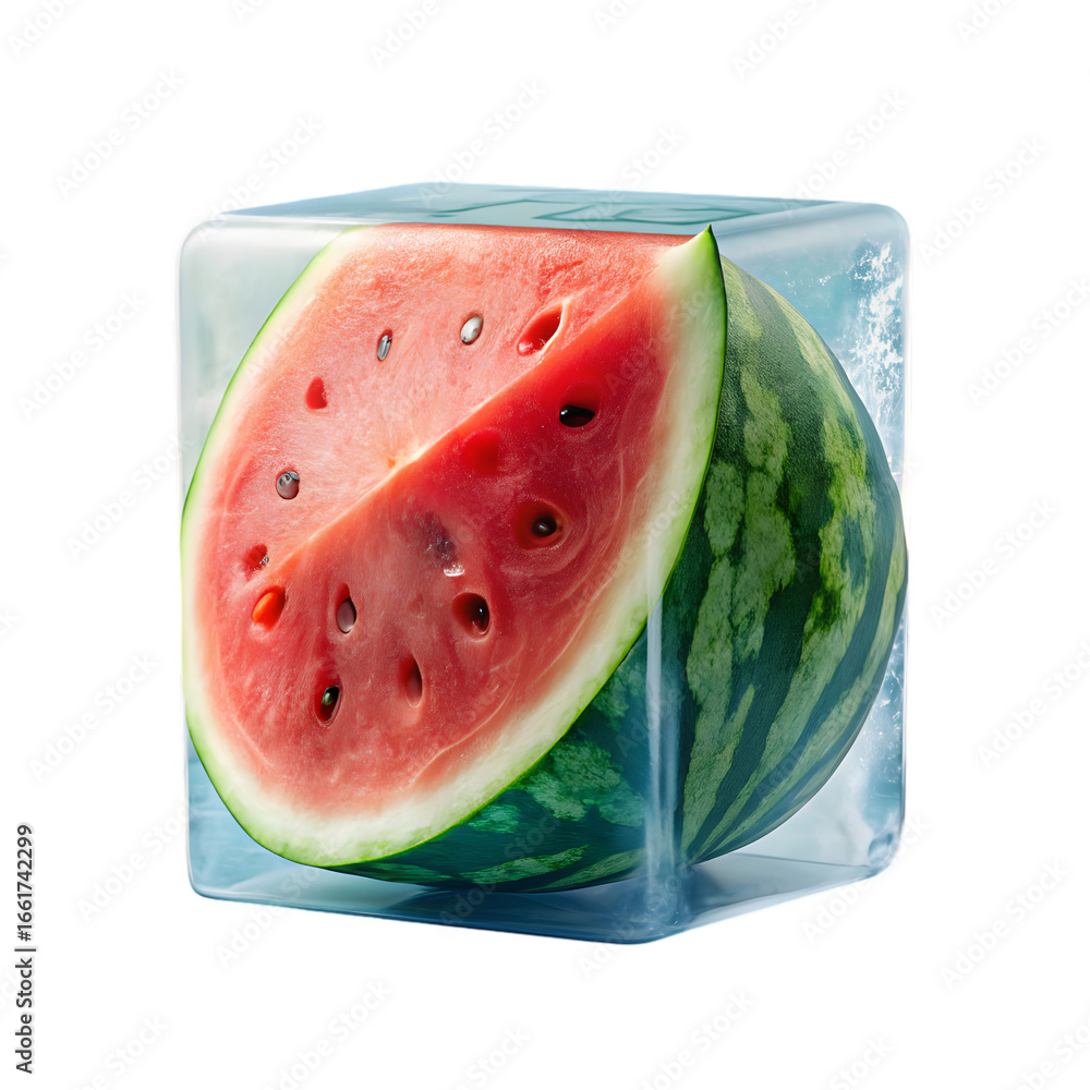 Poster watermelon frozen in ice cube 3d rendering isolated on transparent background