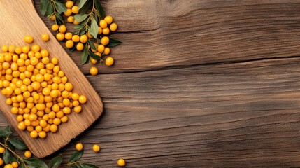 Naklejka premium Sea buckthorn berries spill from a wooden board onto a rustic table, showcasing a natural and earthy aesthetic perfect for autumn-themed culinary projects