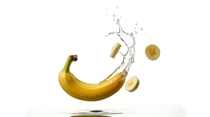 Dynamic fresh banana and citrus fruit slices mid-air with a splash of liquid and motion