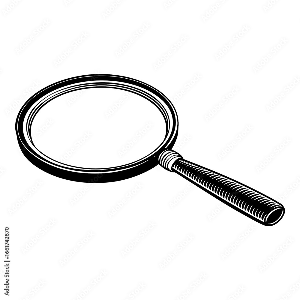 Aufkleber illustration of a magnifying glass with a black frame and handle on a black background image style c