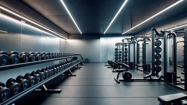 Spacious modern gym interior with exercise machines dumbbells and mirrors under sleek ceiling lights in fitness center