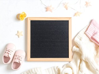 Cozy baby essentials flat lay with an empty letter board for your special announcement or personalized message on a soft white background