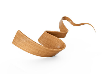 Dynamic natural oak wood ribbon flowing gracefully on clean white background. 3D illustration