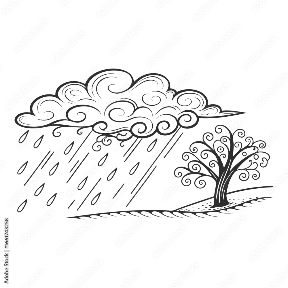 Aufkleber illustration of a stylized cloud with falling rain near a tree on a black background design element 