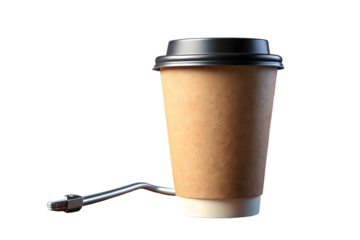 Disposable cup of coffee with fuel pump nozzle 3d rendering isolated on transparent background
