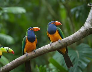 Group of Colorful Parrots Sitting on Tree Branch in Tropical Forest. Vibrant Macaws Perched Together in Rainforest Jungle. Beautiful Exotic Parrots with Bright Feathers in Nature.