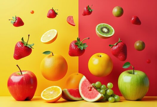 vibrant colorful fruits levitating bold backgrounds juicy exotic berries citrus apples tropical melons grapes kiws, oranges, lemons, kiwis, healthy, food, organic