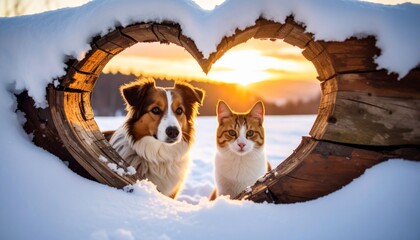 Dog and Cat Together in a Winter Scene, Framed by a Heart-Shaped Structure