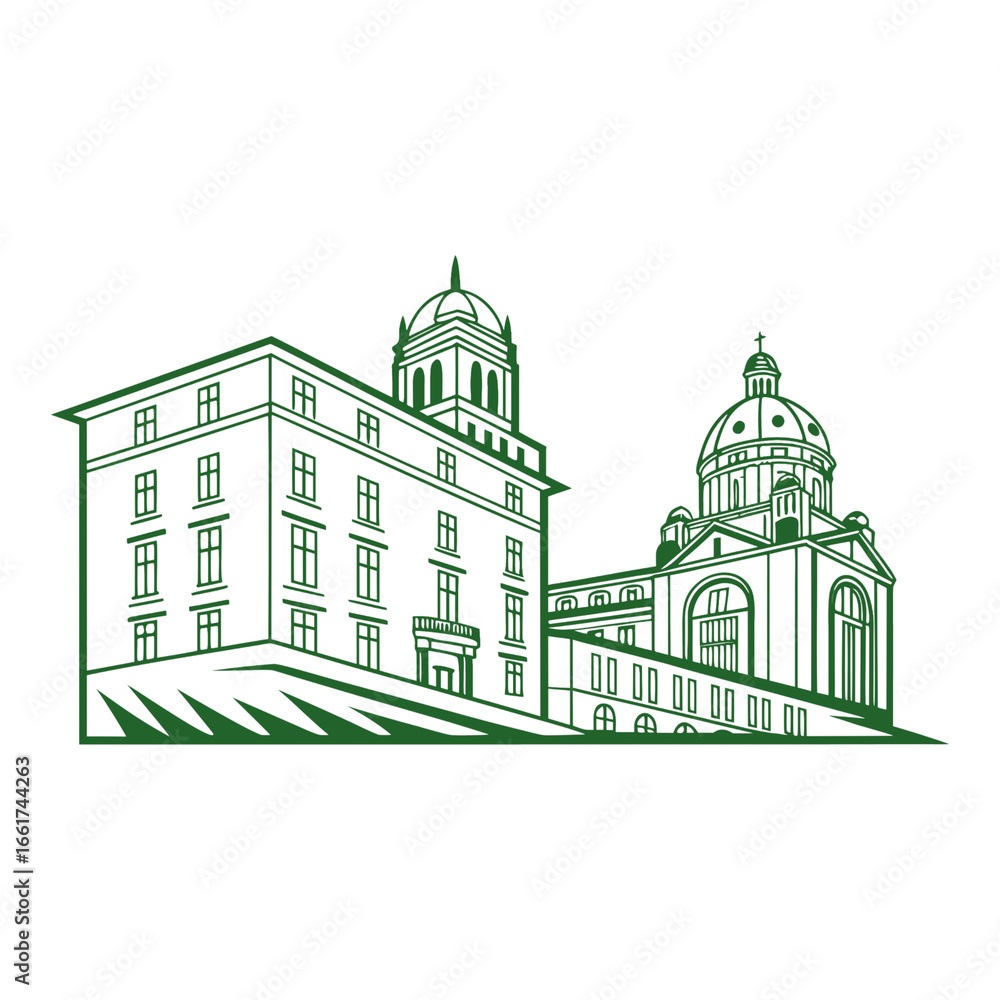 Aufkleber illustration of a building with dome structures in green and silver on a black background created wi