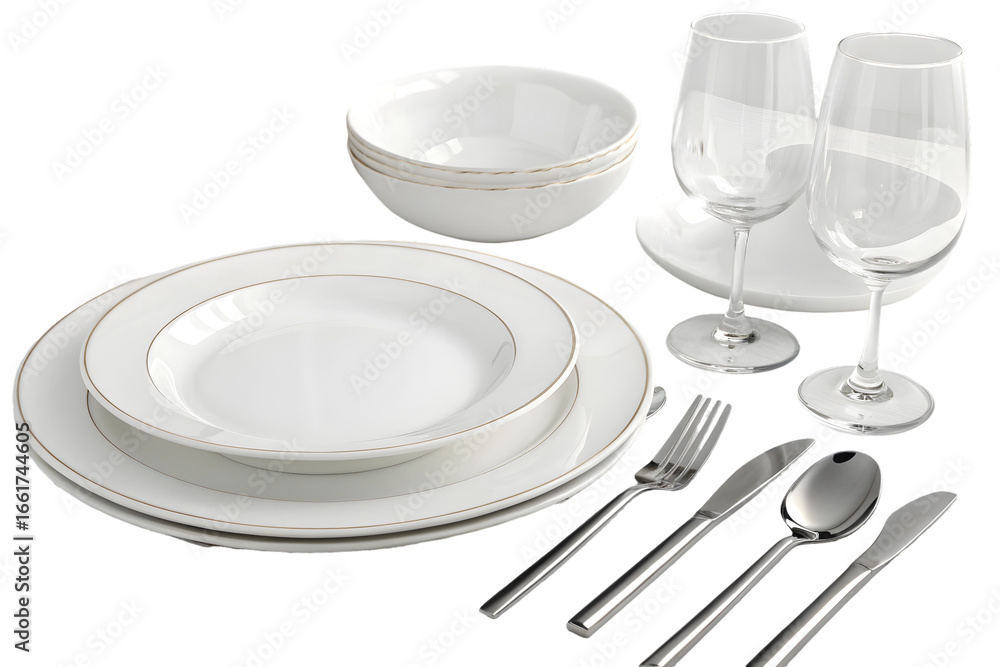 Poster set of clean tableware dishes 3d rendering isolated on transparent background