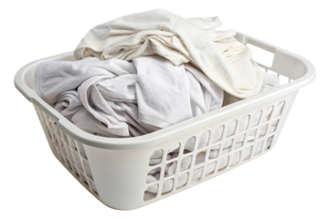 White plastic laundry basket filled with light colored clothing items and fabric pieces, isolated on a transparent background