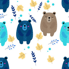Seamless vector pattern with stylized bears and leaf elements for creative design projects and commercial use