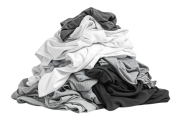Pile of wrinkled gray and white cotton clothing garments stacked messily together, isolated on a transparent background