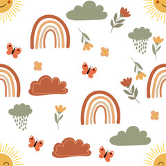 Seamless pattern of whimsical rainbows clouds butterflies and smiling suns on white background perfect for childrens designs