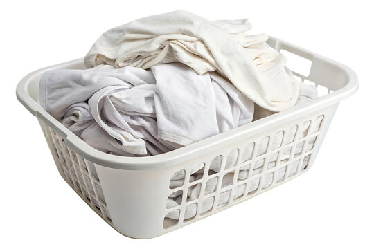 White plastic laundry basket filled with light colored clothing items and fabric pieces, isolated on a transparent background