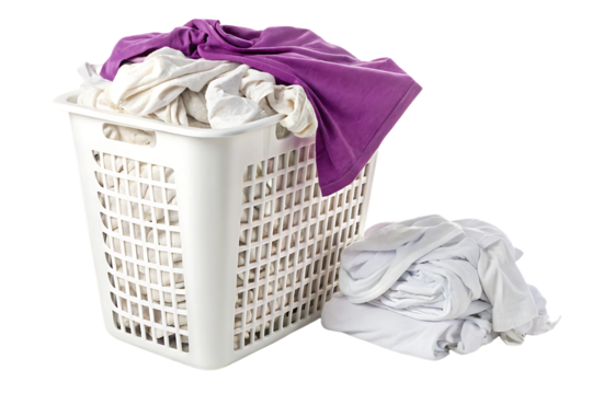 White laundry basket filled with purple and white clothes with folded items nearby, isolated on a transparent background